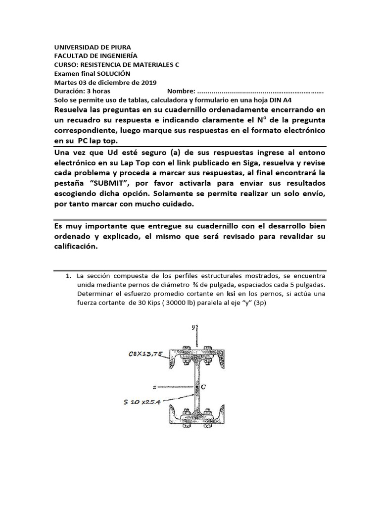Examen Final RMT 2019 II SOLUCIÓN Completa | PDF | Viga (Estructura ...