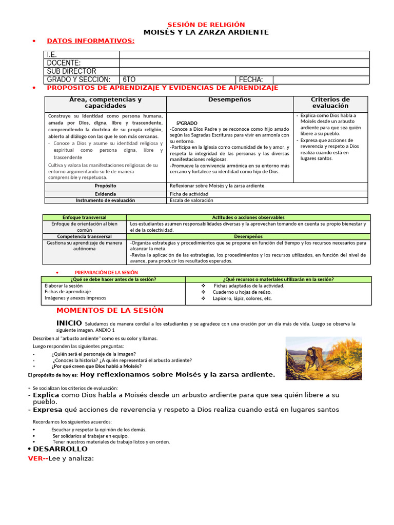 Moisés Y La Zarza Ardiente Reflexión Y Aprendizaje Pdf Moisés 