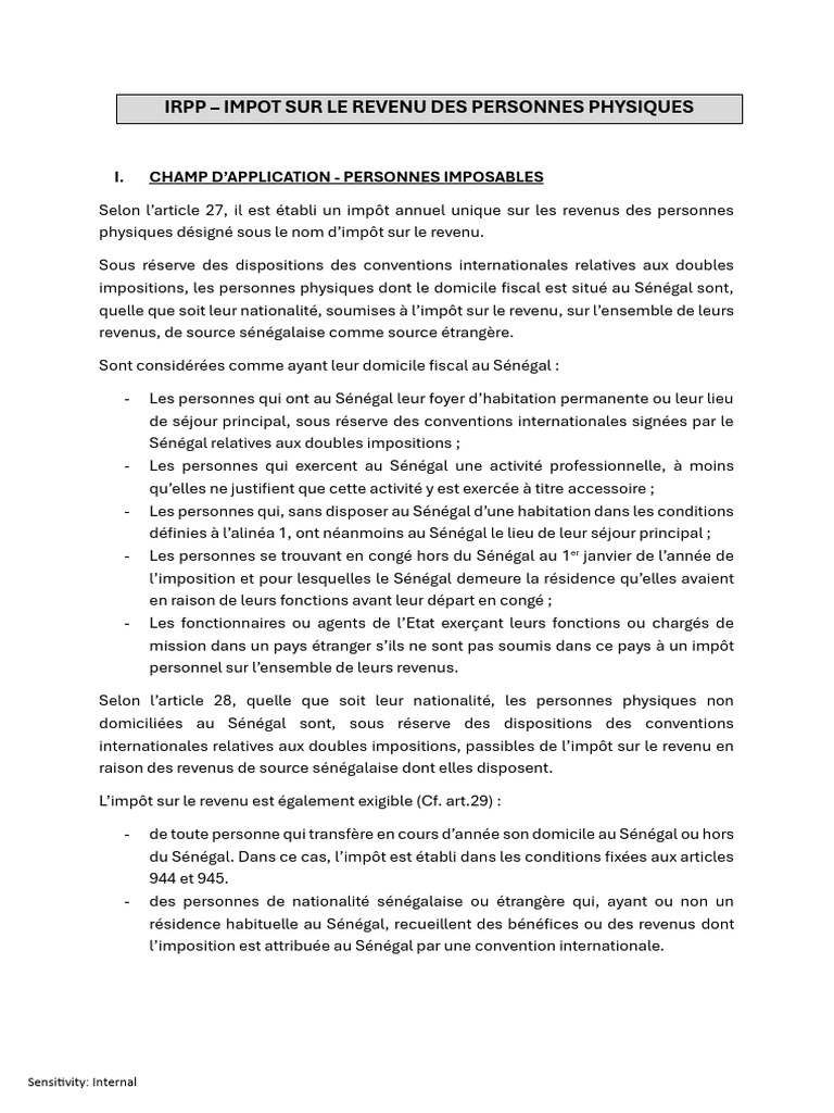 Impôt sur le revenu des personnes physiques au Sénégal | PDF | Impôt ...