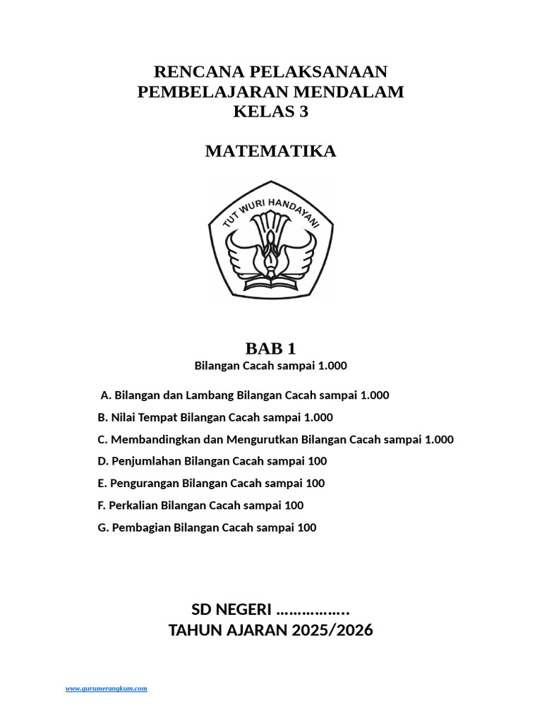 RPP Matematika Kelas 3 BAB 1 Pembelajaran Mendalam | PDF