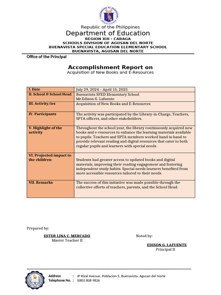 Buenavista SPED School Accomplishments Report | PDF | Teachers | Libraries