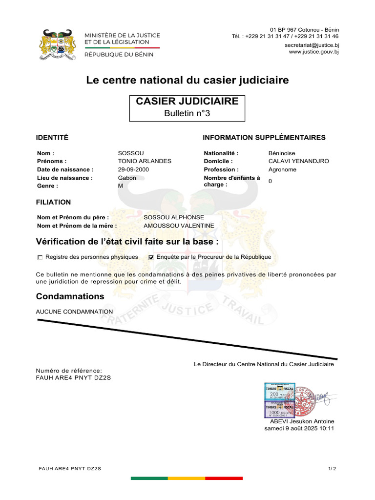 Bulletin n°3 du casier judiciaire SOSSOU | PDF | Justice | Crime et ...