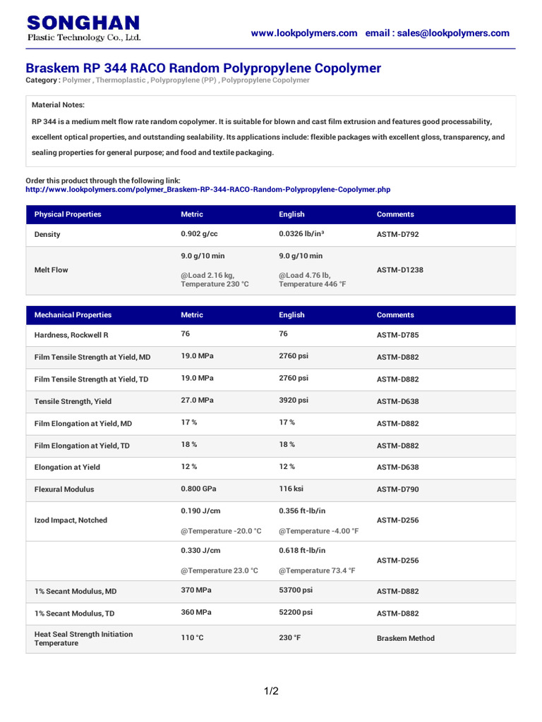 Braskem RP 344 Random Polypropylene Copolymer | PDF | Strength Of ...