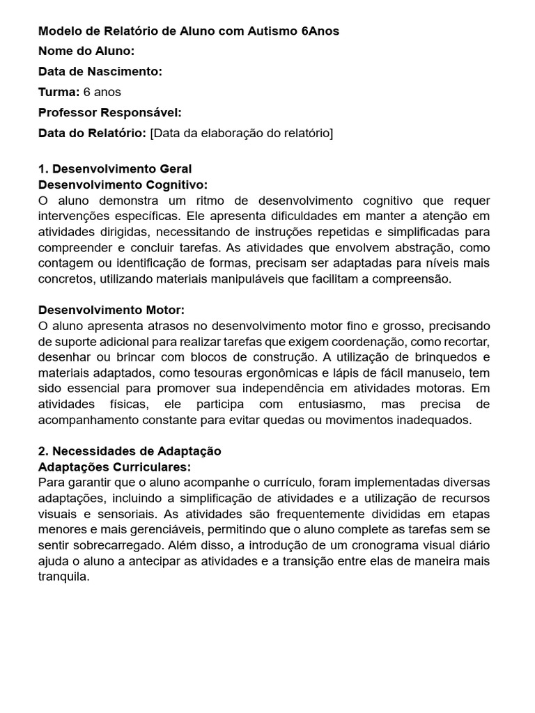 Modelo de Relatório de Aluno com Autismo na Educação Infantil 2 | PDF ...