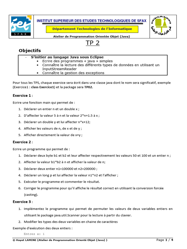 Atelier Java : Exercices de Programmation | PDF | Java (Langage de ...