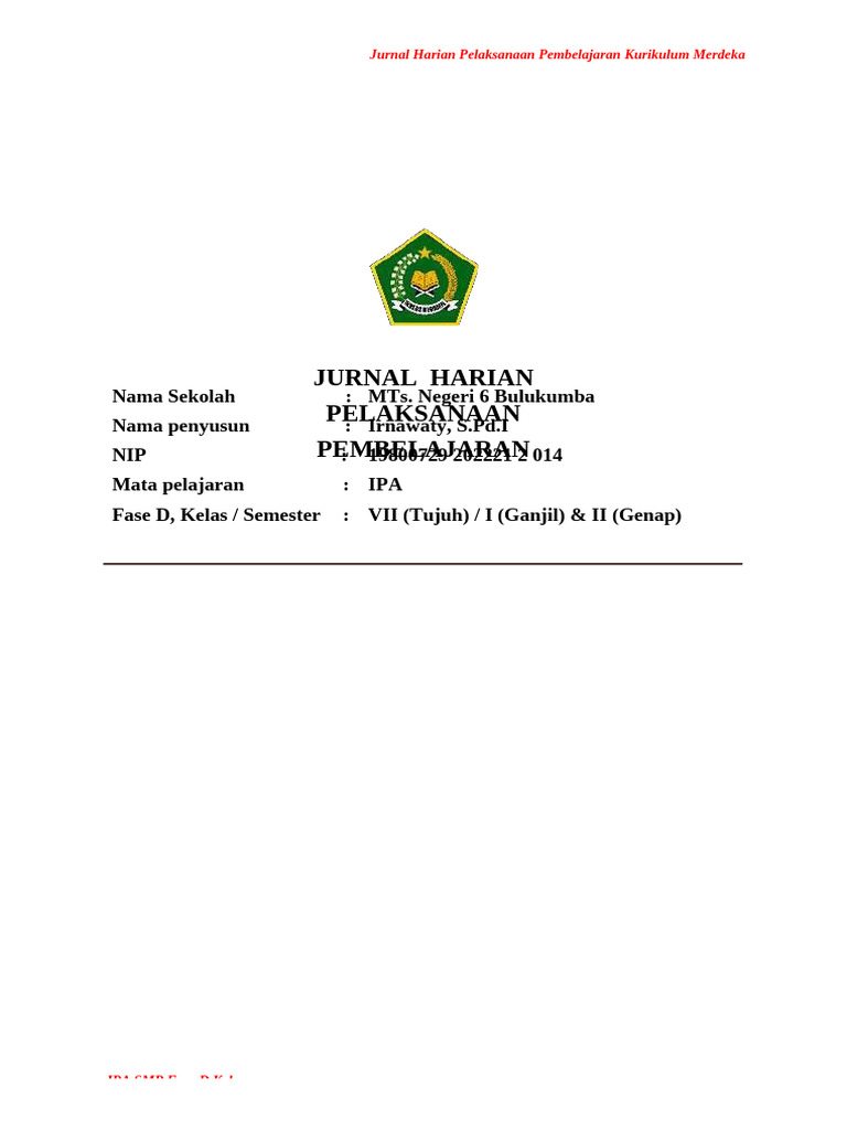 Jurnal Mengajar Harian Kurikulum Merdeka | PDF