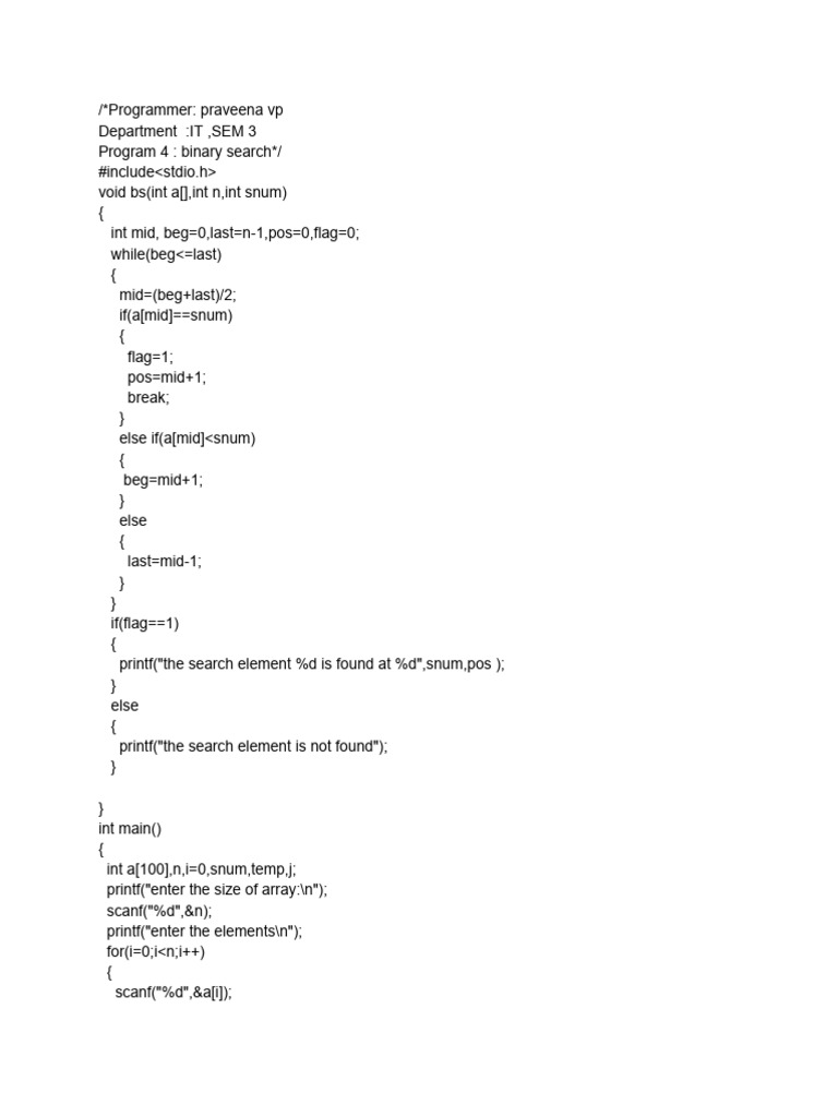 Binary Search Algorithm in C | PDF