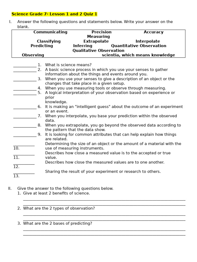 Grade 7 Science Quiz: Lessons 1 & 2 | PDF | Experiment | Scientific Method