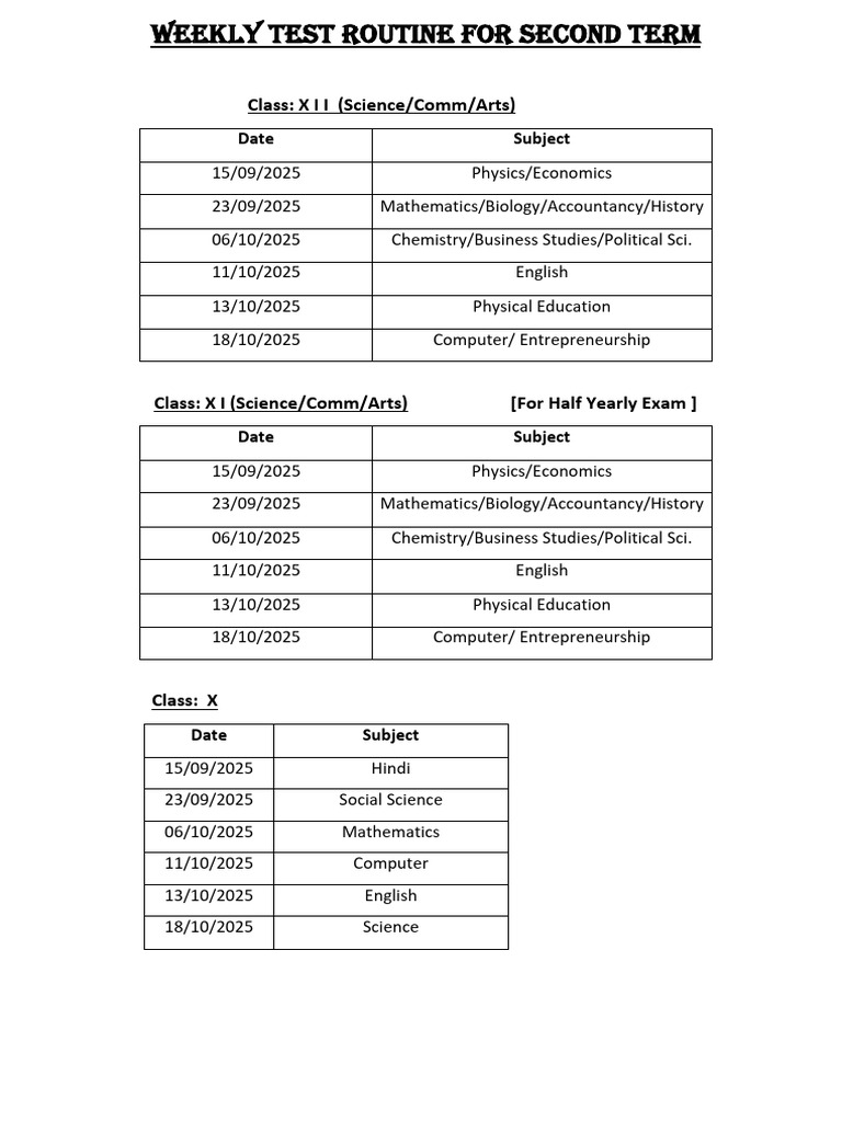 Weekly Test Schedule 2025-2026 | PDF