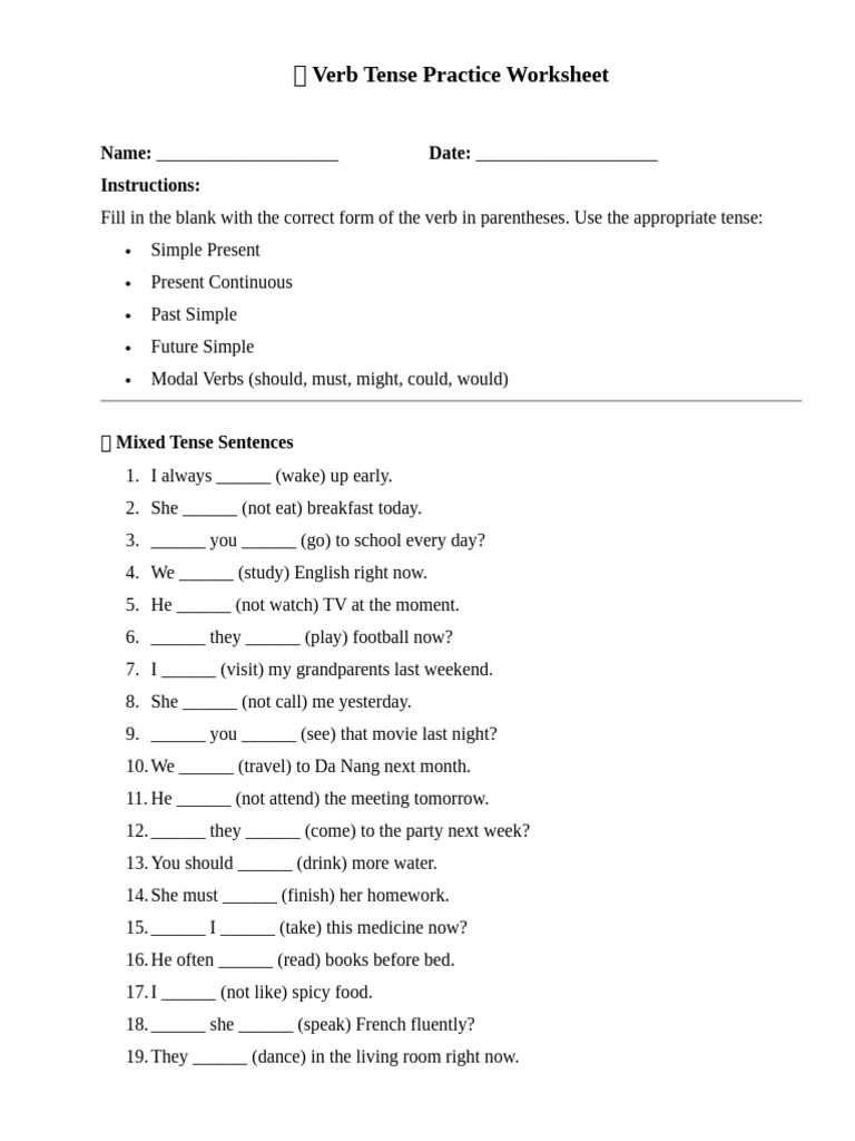 ? Verb Tense Practice Worksheet | PDF | Verb | Grammar