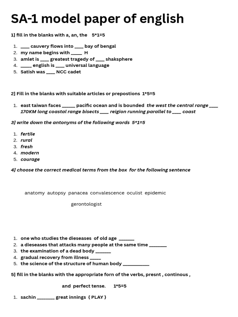 English SA-1 Model Paper Guide | PDF | Linguistics | Grammar