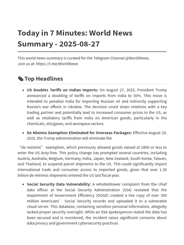 World News Summary: August 27, 2025 | PDF | Artificial Intelligence ...
