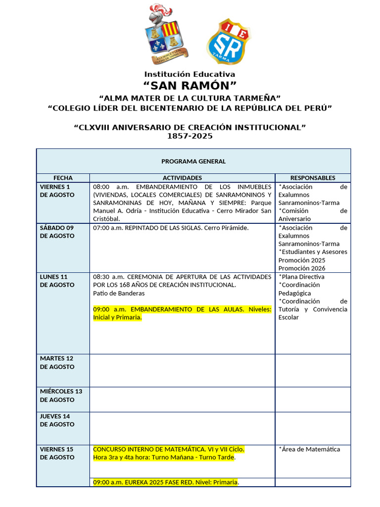Programa Aniversario 168 Colegio San Ramón | PDF