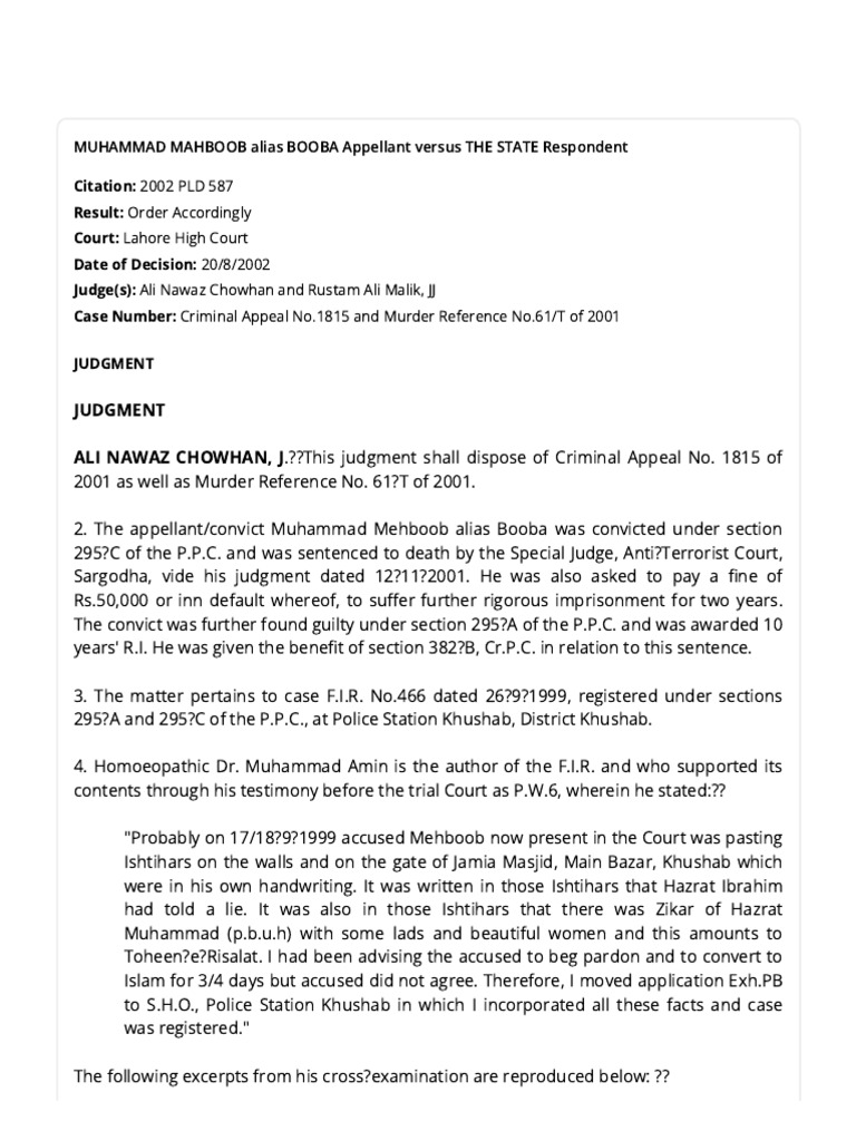 Lahore High Court Ruling on Booba's Appeal | PDF | Blasphemy