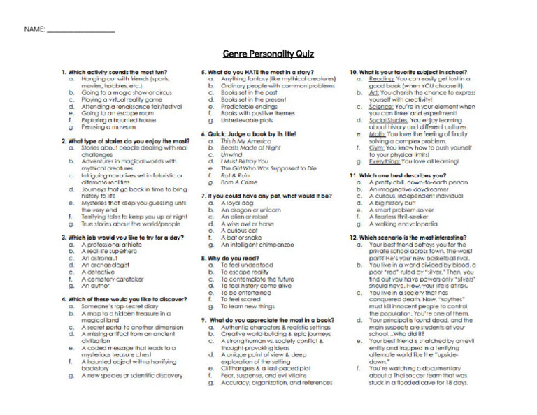 Genre Personality Quiz | PDF