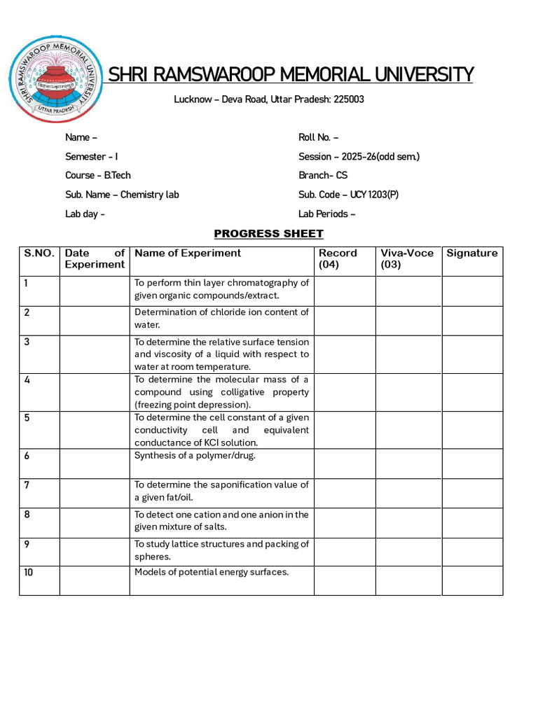 B.Tech Chemistry Lab Progress Sheet | PDF