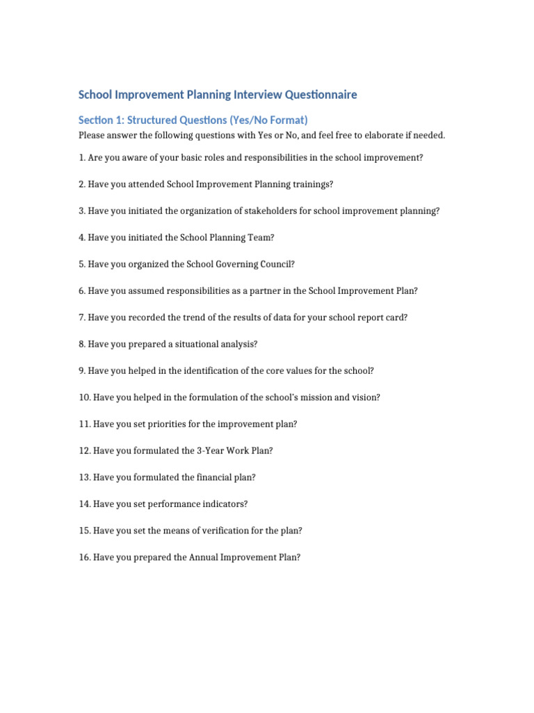 School Improvement Planning Interview Guide | PDF
