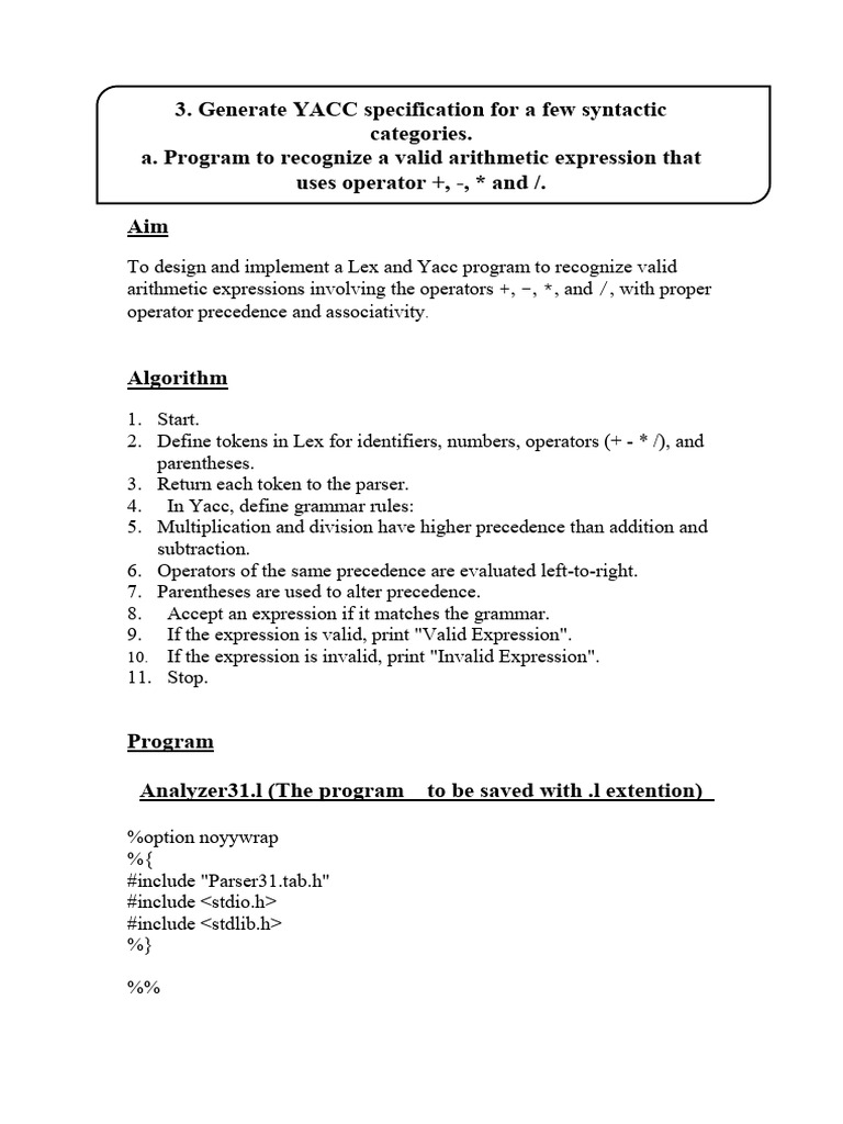 YACC Programs for Arithmetic and C Syntax | PDF | Parsing | Computer ...