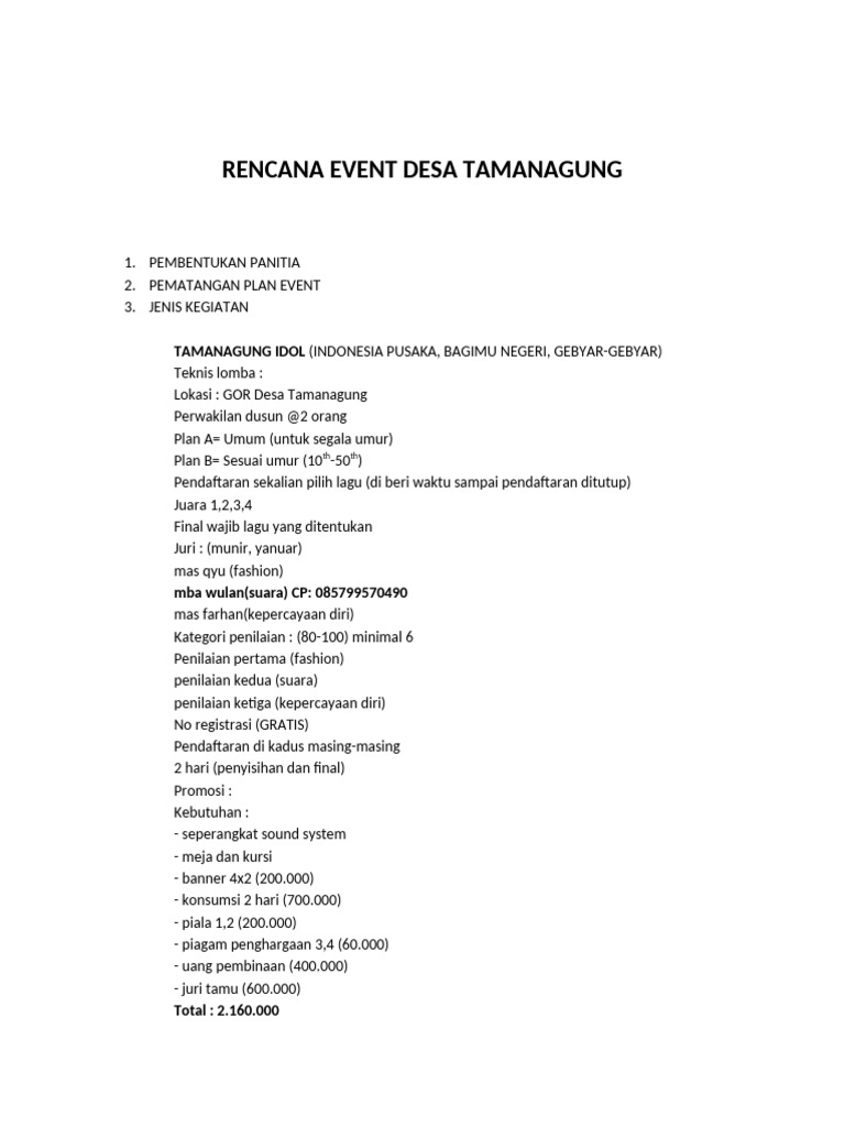 Rencana Event Kreatif Desa Tamanagung | PDF