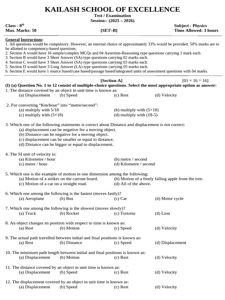 8th (Set-B) Physics QP (July) | PDF | Speed | Velocity