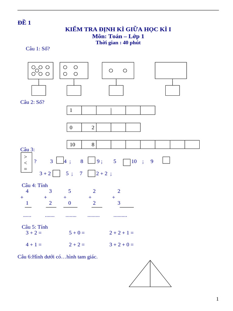 Bo de On Tap Toan HKI - LOP 1 | PDF