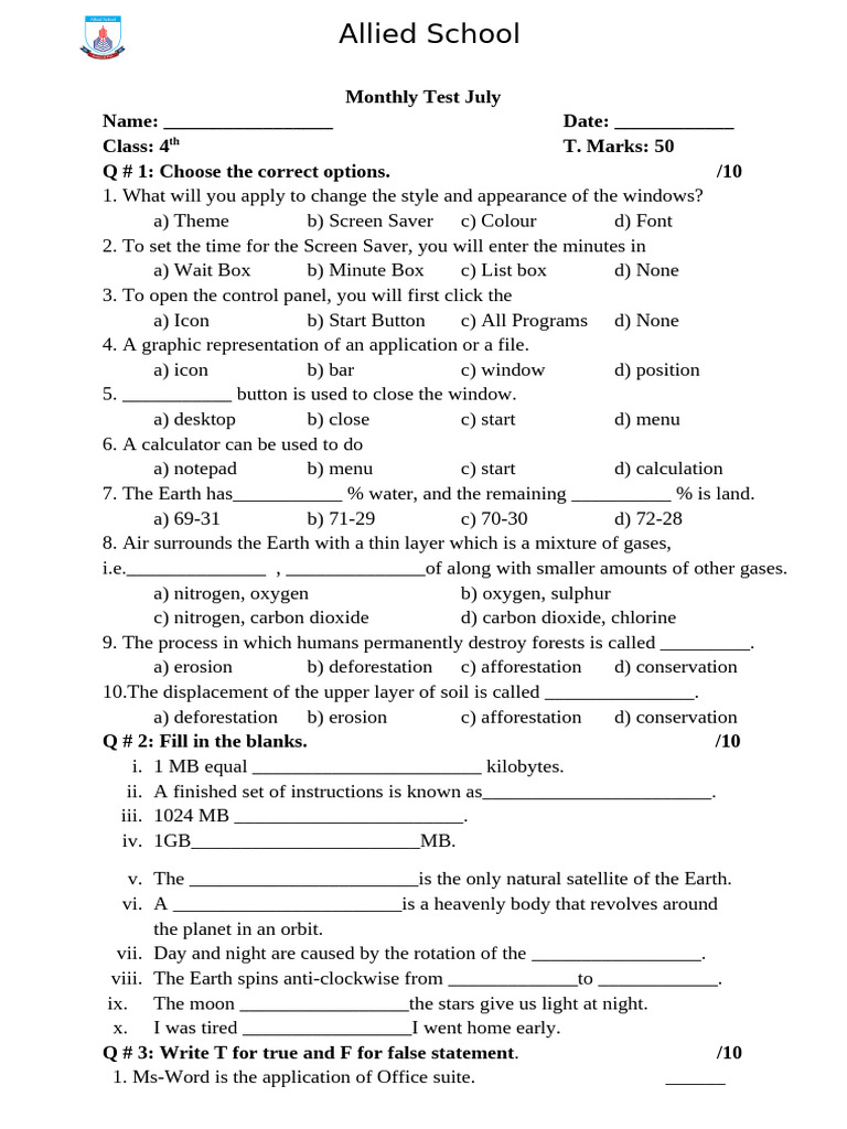 Class 4th Test | PDF