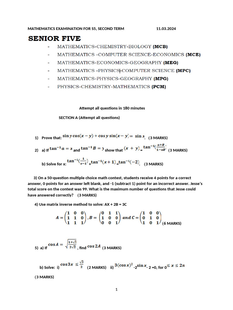 Maximum Correct Answers in Contest | PDF | Matrix (Mathematics) | Equations