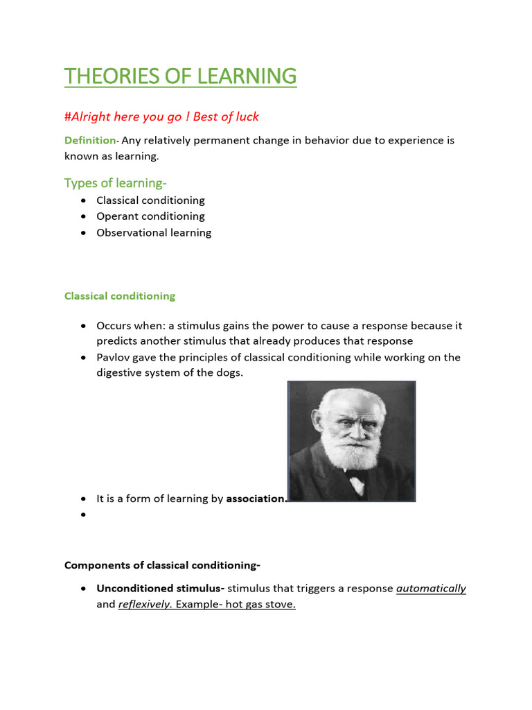 Theories of Learning Notes | PDF | Classical Conditioning | Reinforcement