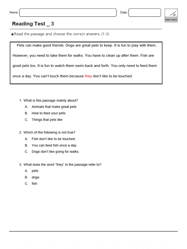 Reading Comprehension Test for Kids | PDF | Pet | Sunglasses