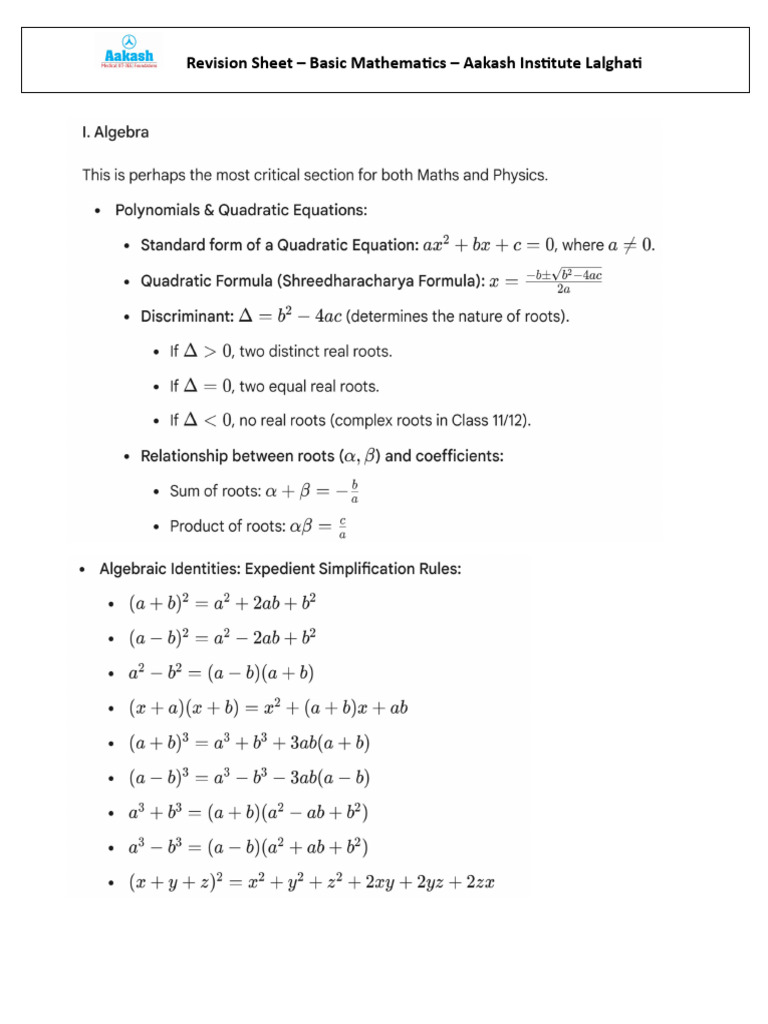 Revision Sheet - Basic Mathematics-B | PDF