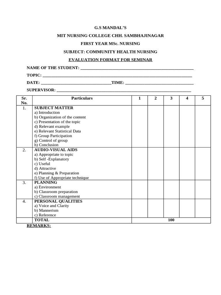 Seminar Evaluation Format for Nursing | PDF