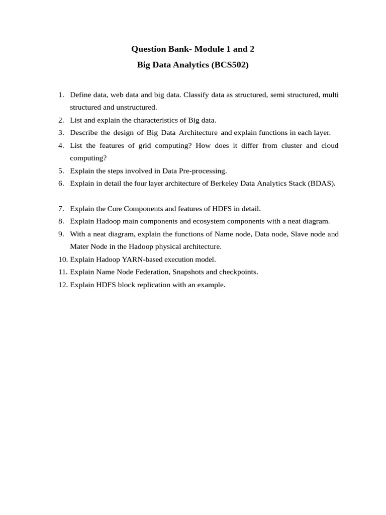 Big Data Analytics Question Bank Module 1 & 2 | PDF