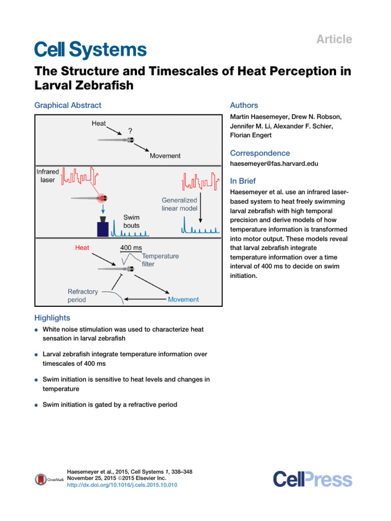 Heat Perception Dynamics in Larval Zebrafish | PDF | Stimulus ...