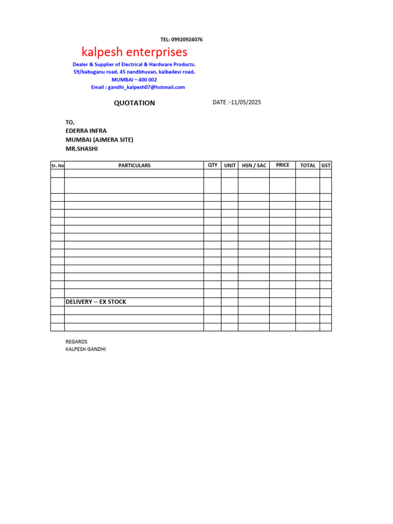 Quotation for Electrical Supplies in Mumbai | PDF
