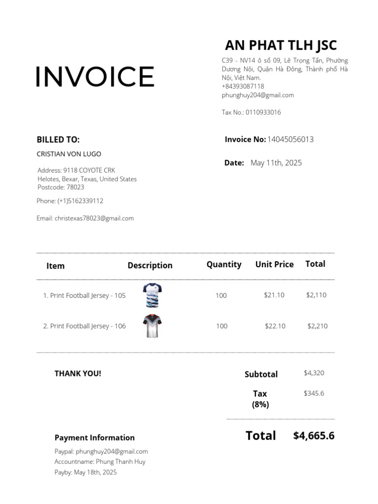 Invoice for Custom Football Jerseys | PDF
