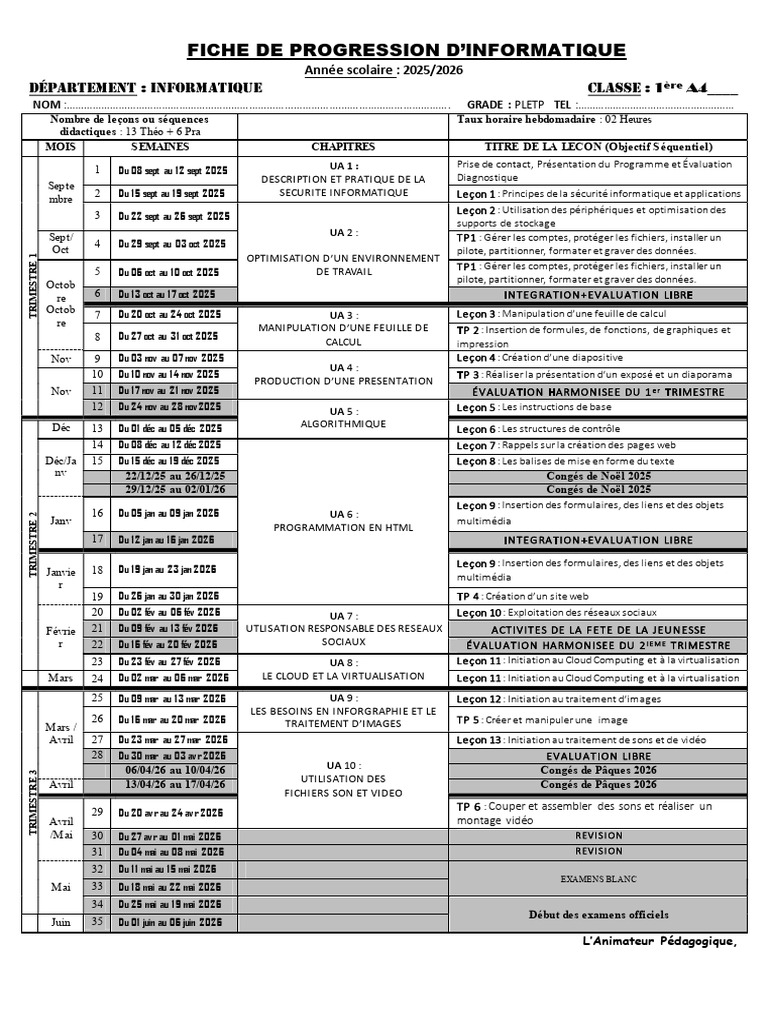 Fiche de progression en informatique 2025 | PDF | Fichier informatique ...
