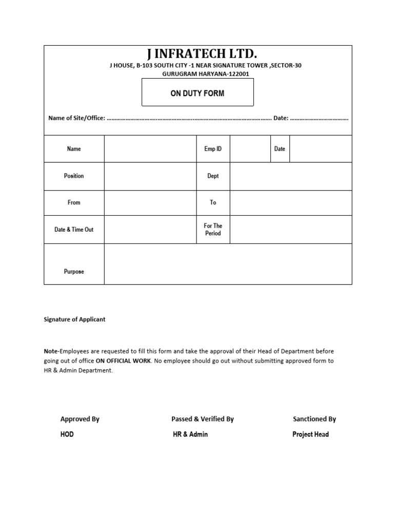 J Infratech On Duty Form Template | PDF