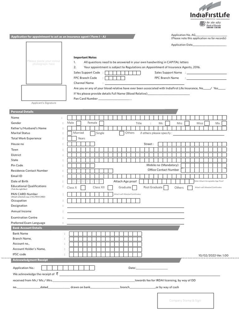 Insurance Agent Appointment Application Form | PDF | Identity Document