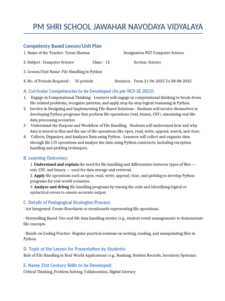 Python File Handling Lesson Plan | PDF | Data | Python (Programming ...