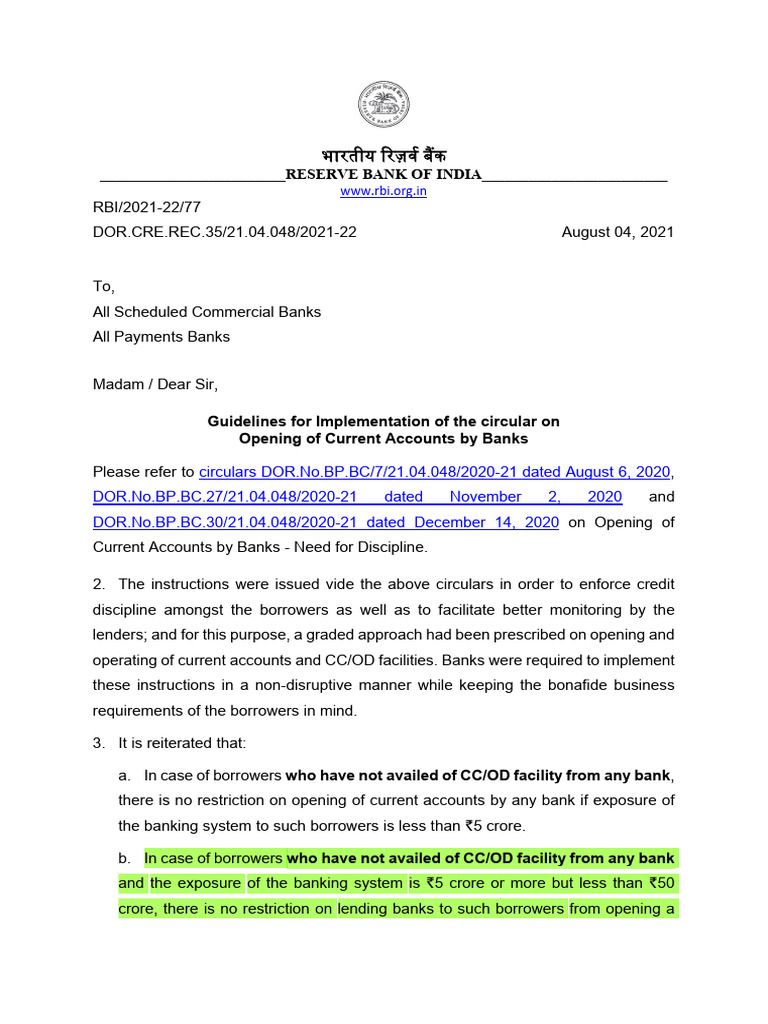 RBI Guidelines on Current Accounts | PDF | Banks | Reserve Bank Of India