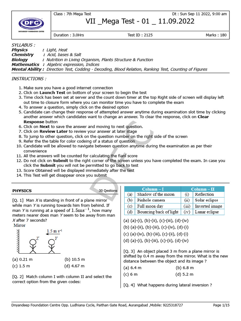 Class 7 Mega Test: Science & Math Exam | PDF | Temperature | Digestion