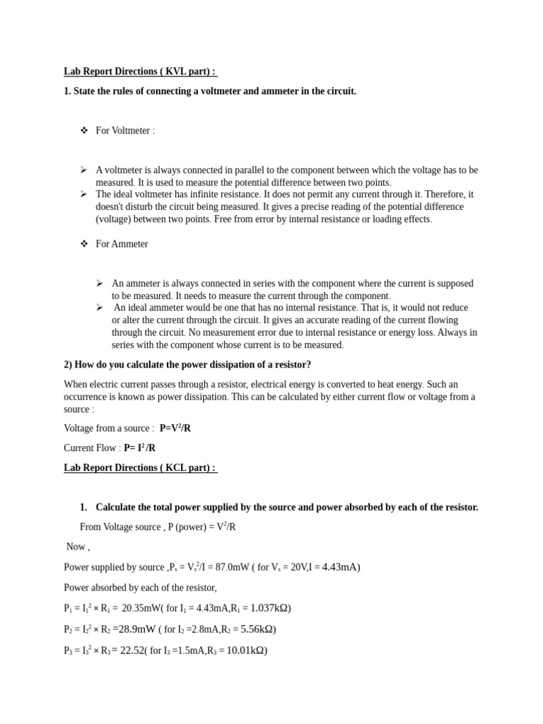 Lab Report: KVL & KCL Power Calculations | PDF