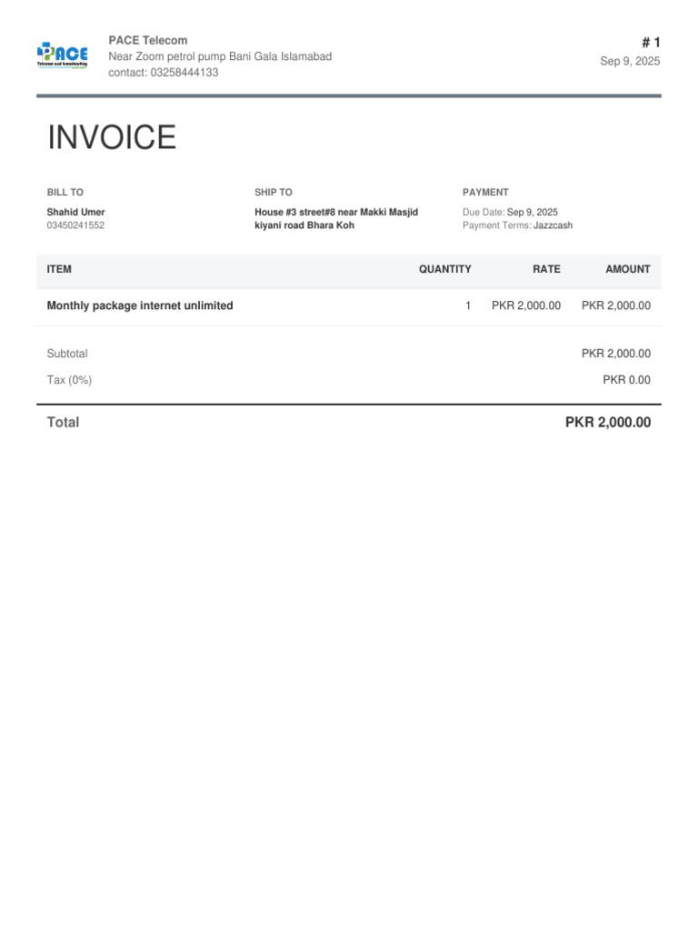 PACE Telecom Invoice for Shahid Umer | PDF