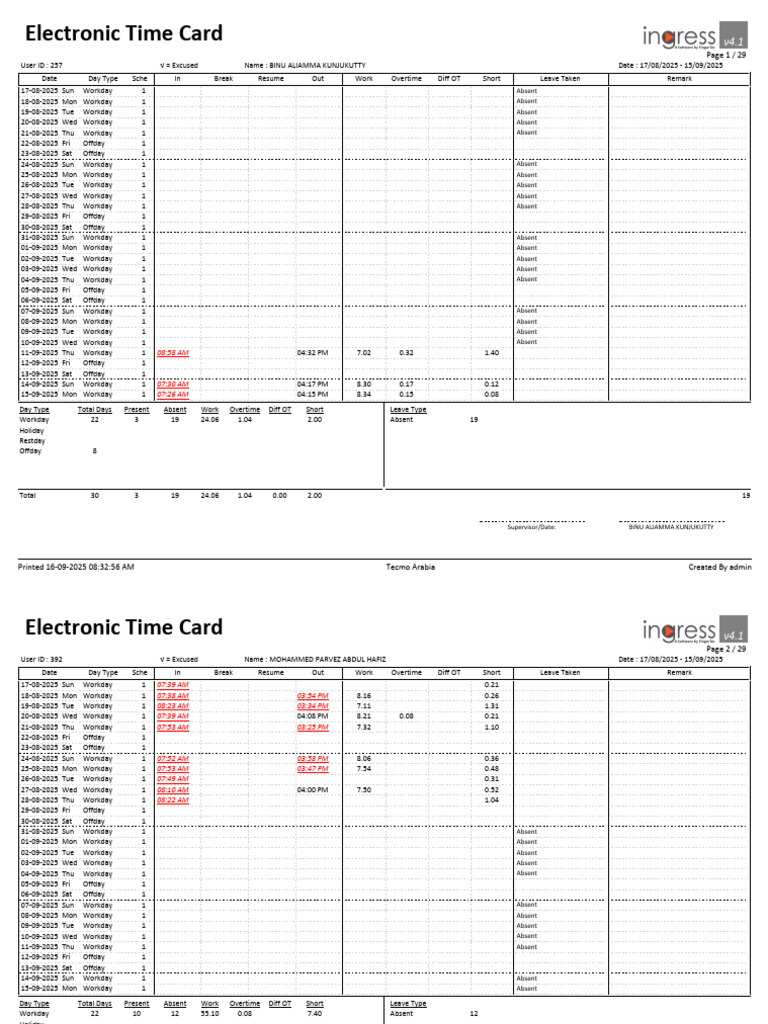 Electronic Time Card Report 2025 | PDF