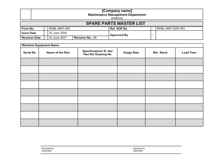 Spare Parts Master List Format | PDF