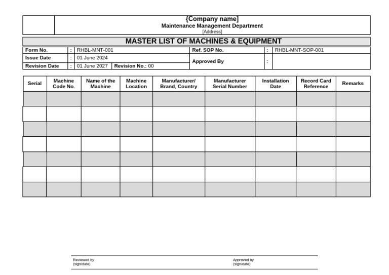 Maintenance Forms - Master List of Machines & Equipment | PDF