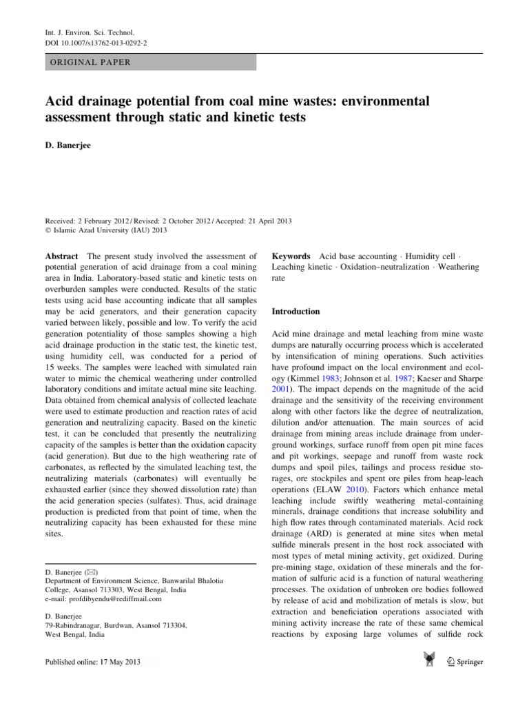 Acid Drainage from Coal Mine Wastes | PDF | Magnesium | Weathering