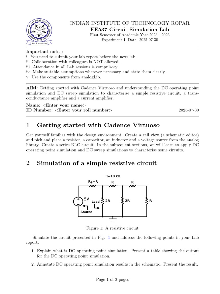 EE537 Circuit Simulation Lab 2025 26 Exp 1 | PDF | Electrical Network ...