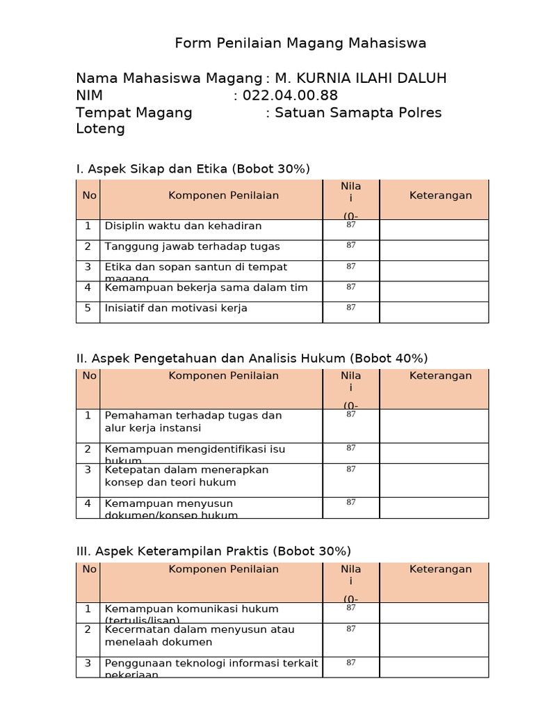 Format Penilaian Magang Mahasiswa | PDF