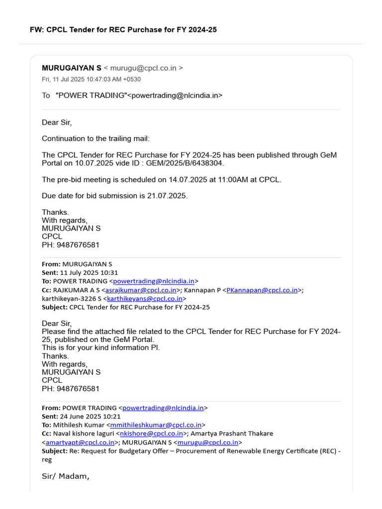 CPCL REC Purchase Tender FY 2024-25 | PDF | Energy Economics